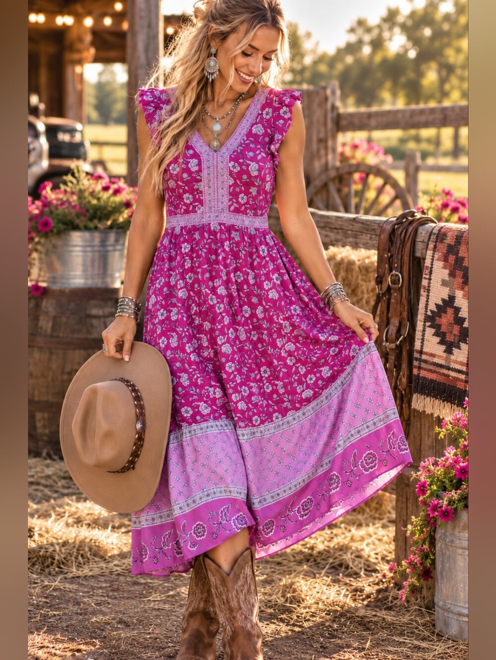 LOFT Petites Pink Floral Boho Midi Dress Ruffle Sleeve V Neck Western